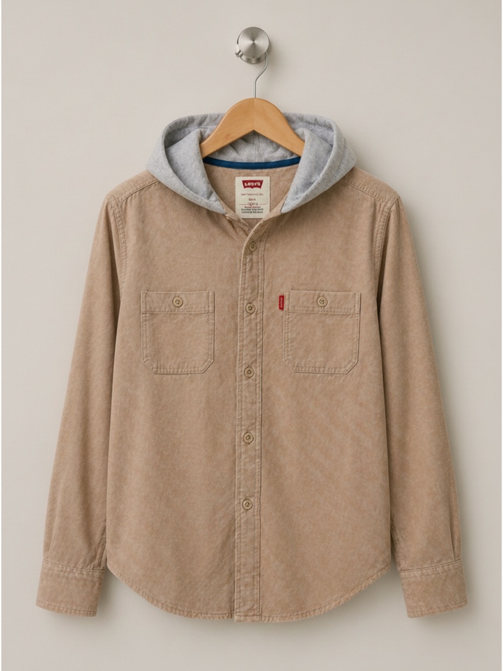 NWT Levi’s Boys Hooded Button Down Shirt Iced Coffee Tan L 10/12